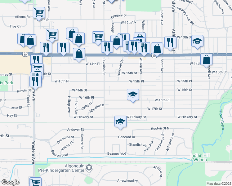map of restaurants, bars, coffee shops, grocery stores, and more near 470 West 16th Street in Chicago Heights