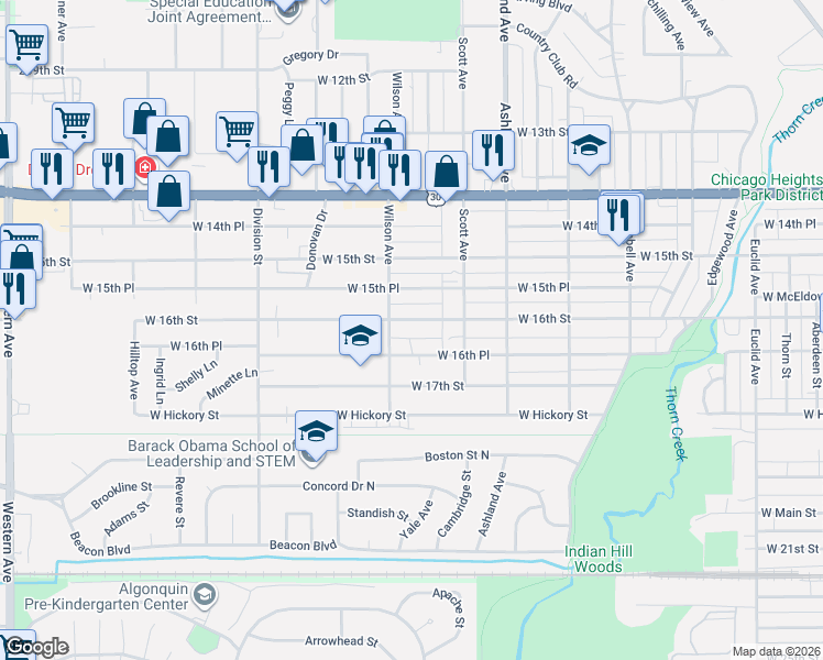 map of restaurants, bars, coffee shops, grocery stores, and more near 398 West 16th Street in Chicago Heights