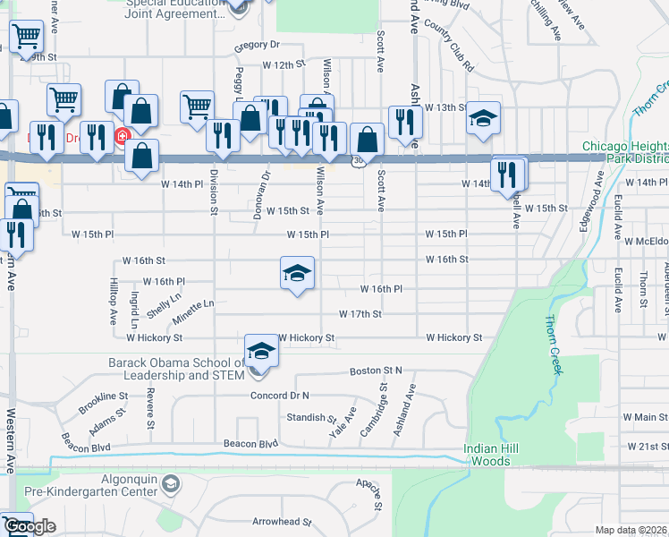 map of restaurants, bars, coffee shops, grocery stores, and more near 398 West 16th Street in Chicago Heights