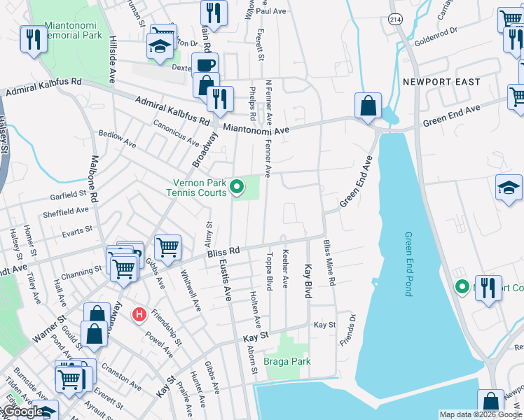 map of restaurants, bars, coffee shops, grocery stores, and more near 30 Fenner Avenue in Newport
