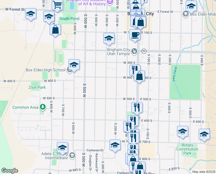 map of restaurants, bars, coffee shops, grocery stores, and more near 445 South 300 West in Brigham City