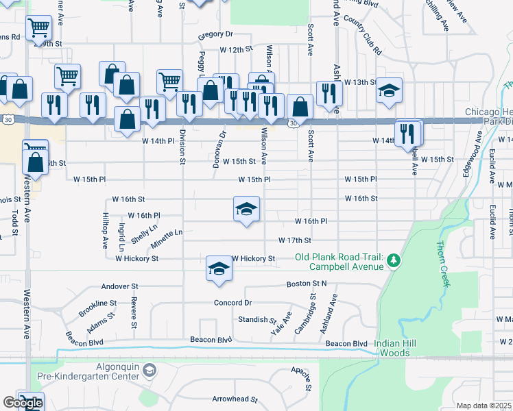map of restaurants, bars, coffee shops, grocery stores, and more near 406 West 16th Street in Chicago Heights