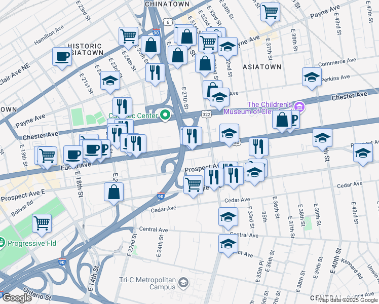 map of restaurants, bars, coffee shops, grocery stores, and more near 2800 Euclid Avenue in Cleveland