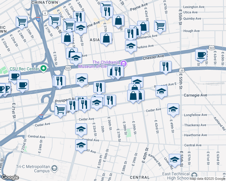 map of restaurants, bars, coffee shops, grocery stores, and more near 3657 Prospect Avenue East in Cleveland
