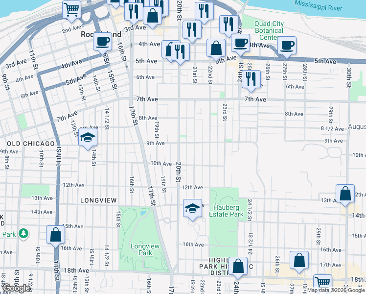 map of restaurants, bars, coffee shops, grocery stores, and more near 905 20th Street in Rock Island