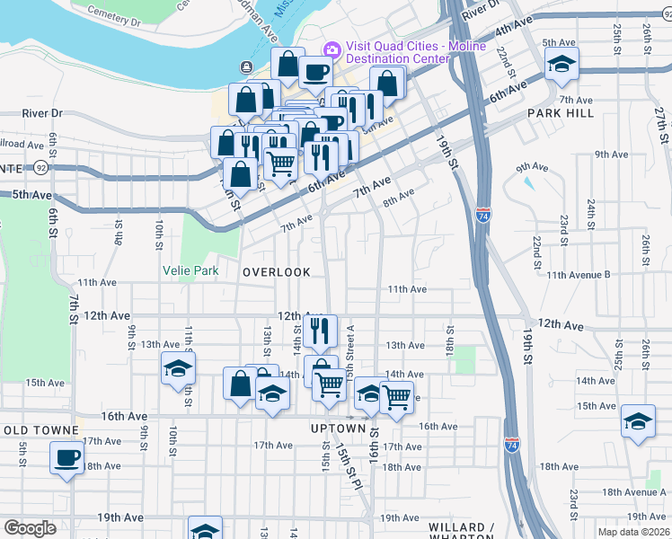 map of restaurants, bars, coffee shops, grocery stores, and more near 1528 10th Avenue in Moline