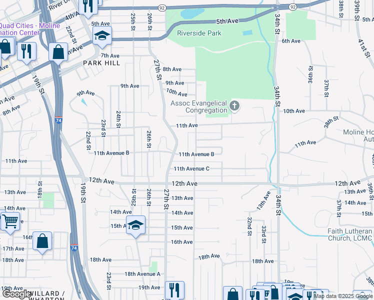 map of restaurants, bars, coffee shops, grocery stores, and more near 2739 11th Avenue B in Moline