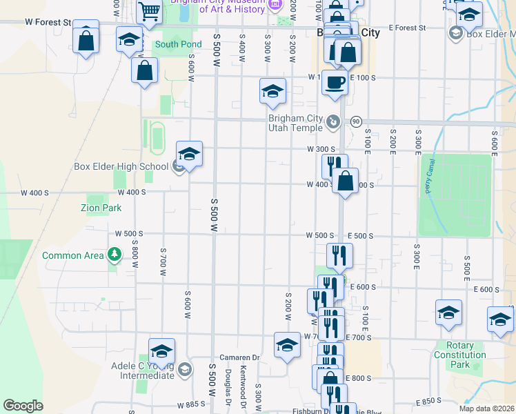 map of restaurants, bars, coffee shops, grocery stores, and more near 453 South 400 West in Brigham City
