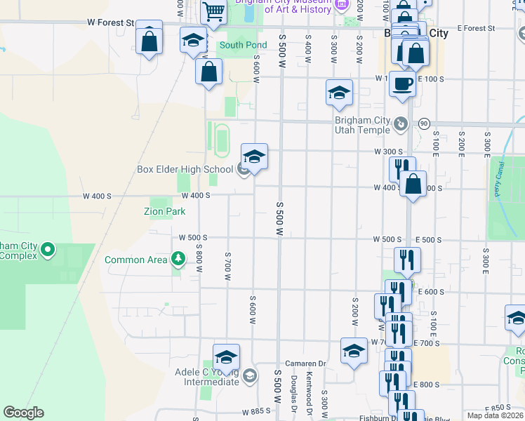 map of restaurants, bars, coffee shops, grocery stores, and more near 454 South 500 West in Brigham City