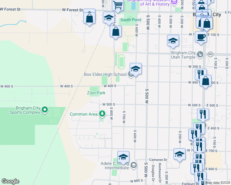map of restaurants, bars, coffee shops, grocery stores, and more near 428 South 700 West in Brigham City