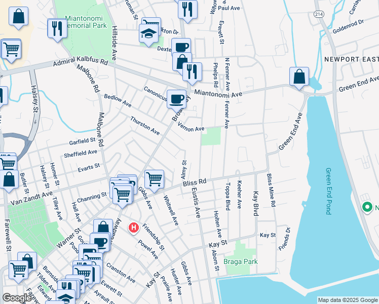 map of restaurants, bars, coffee shops, grocery stores, and more near 24 Freeborn Street in Newport