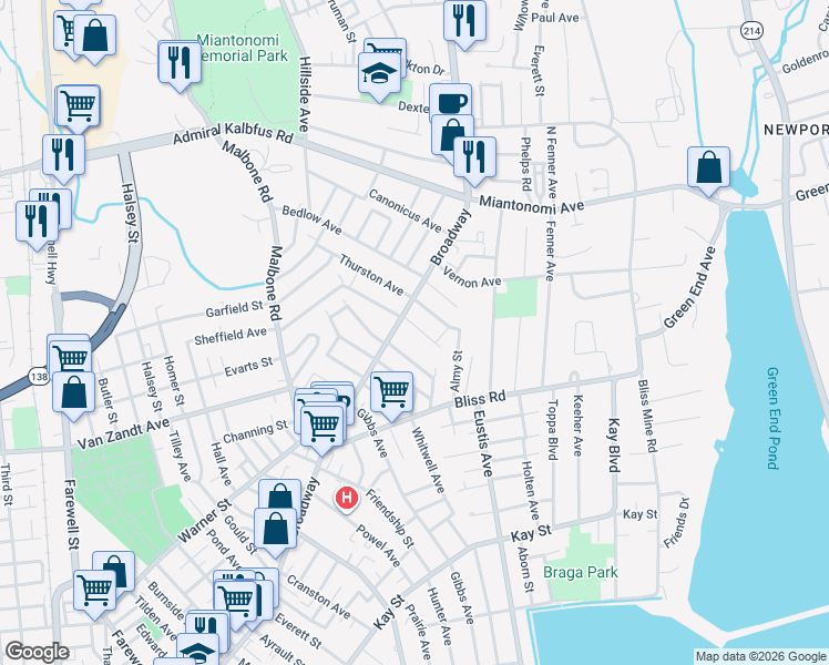 map of restaurants, bars, coffee shops, grocery stores, and more near 437 Broadway in Newport