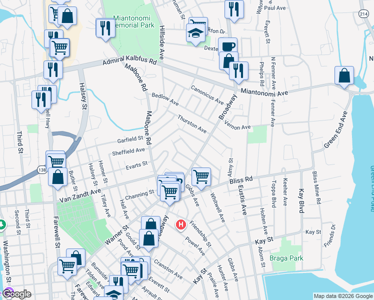 map of restaurants, bars, coffee shops, grocery stores, and more near 6 Greene Lane in Newport