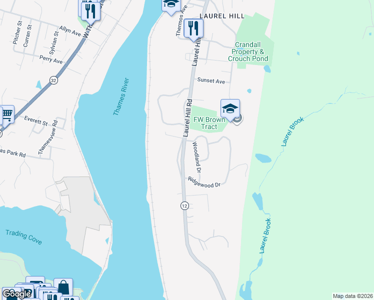 map of restaurants, bars, coffee shops, grocery stores, and more near 552 Laurel Hill Road in Norwich