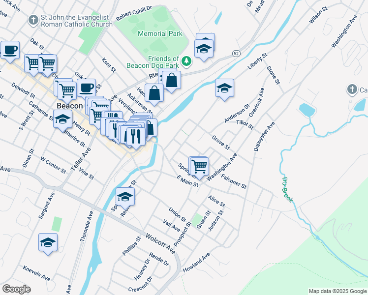 map of restaurants, bars, coffee shops, grocery stores, and more near 25 Masters Place in Beacon