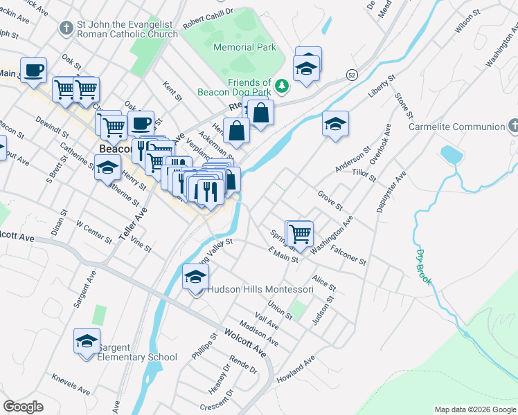 map of restaurants, bars, coffee shops, grocery stores, and more near 28 Liberty Street in Beacon