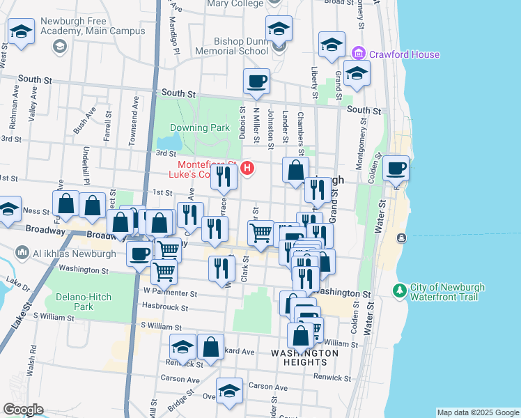 map of restaurants, bars, coffee shops, grocery stores, and more near 47 South Miller Street in Newburgh