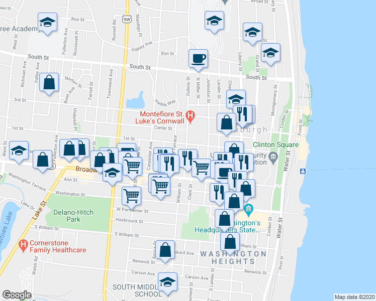 map of restaurants, bars, coffee shops, grocery stores, and more near 47 South Miller Street in Newburgh