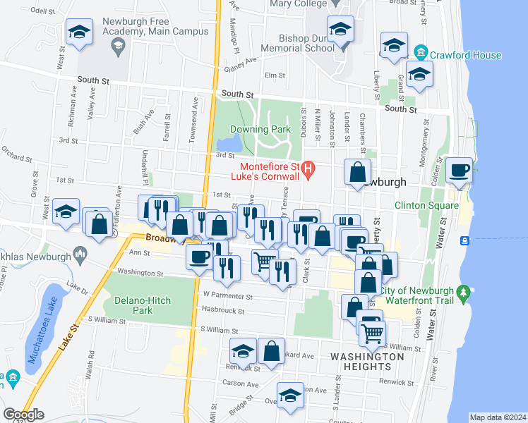 map of restaurants, bars, coffee shops, grocery stores, and more near 39 Lutheran Street in Newburgh