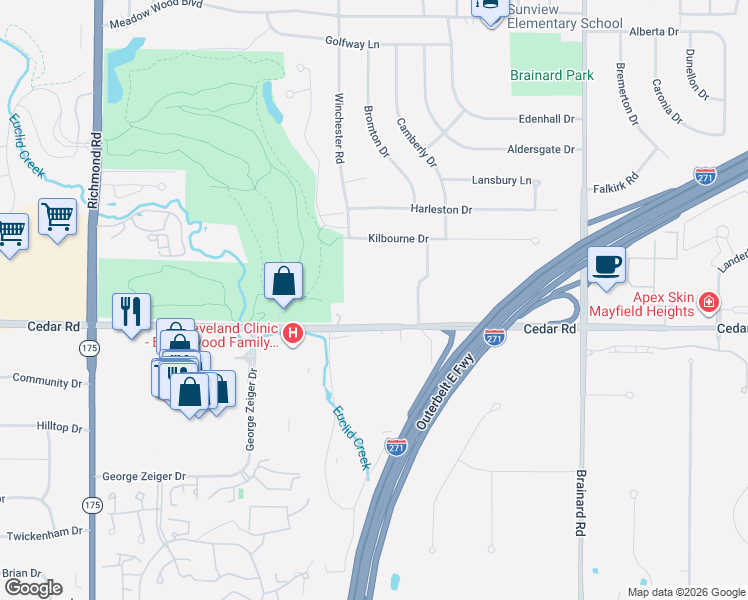 map of restaurants, bars, coffee shops, grocery stores, and more near 2202 Acacia Park Drive in Lyndhurst
