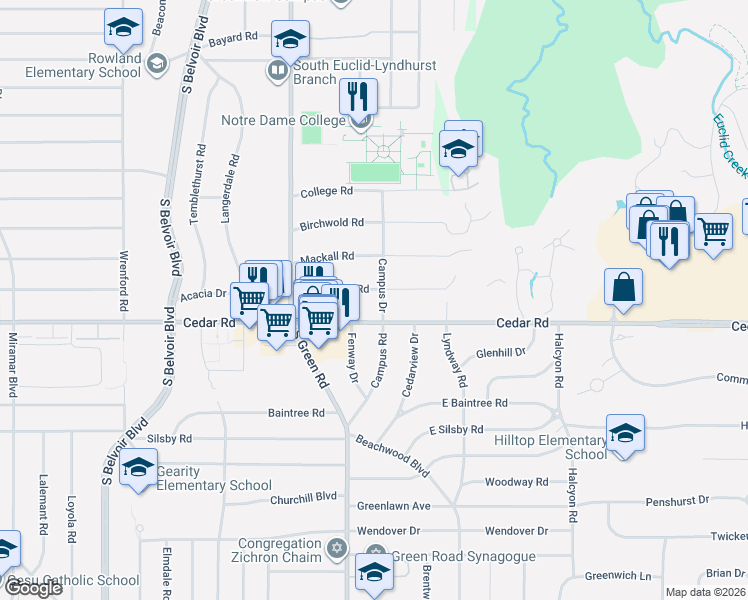 map of restaurants, bars, coffee shops, grocery stores, and more near 2122 Campus Road in Cleveland