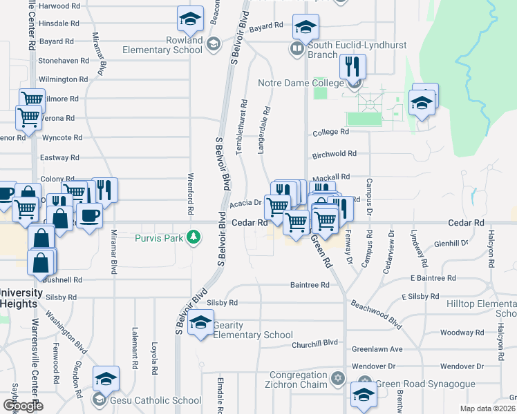 map of restaurants, bars, coffee shops, grocery stores, and more near 4384 Acacia Drive in South Euclid