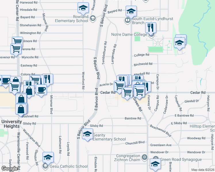 map of restaurants, bars, coffee shops, grocery stores, and more near 4342 Acacia Drive in South Euclid