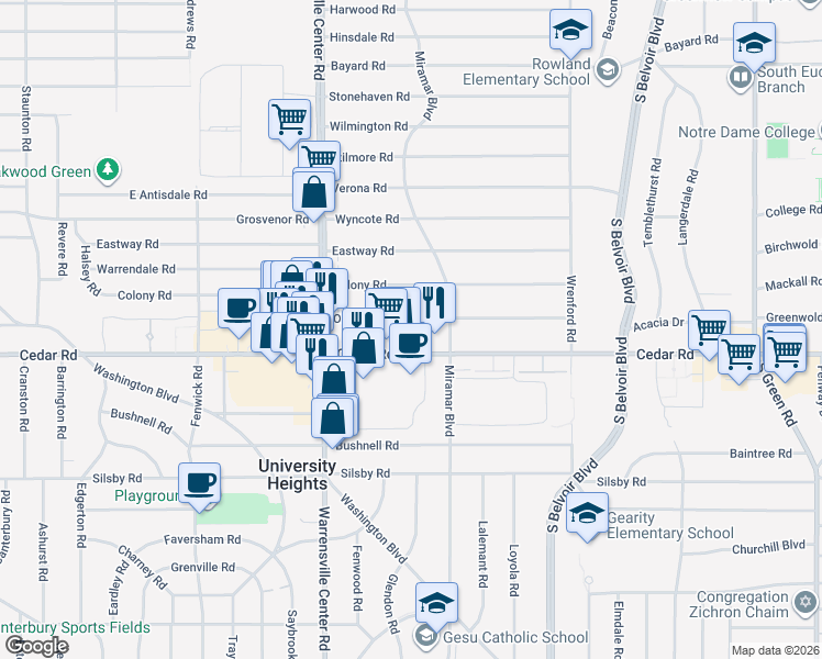 map of restaurants, bars, coffee shops, grocery stores, and more near 4094 Okalona Road in South Euclid