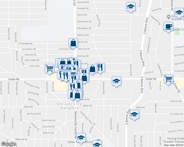 map of restaurants, bars, coffee shops, grocery stores, and more near 4054 Okalona Road in South Euclid