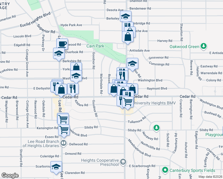 map of restaurants, bars, coffee shops, grocery stores, and more near 2119 Rossmoor Road in Cleveland Heights