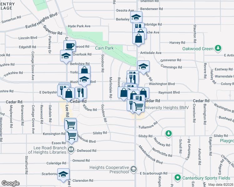 map of restaurants, bars, coffee shops, grocery stores, and more near 2119 Rossmoor Road in Cleveland Heights