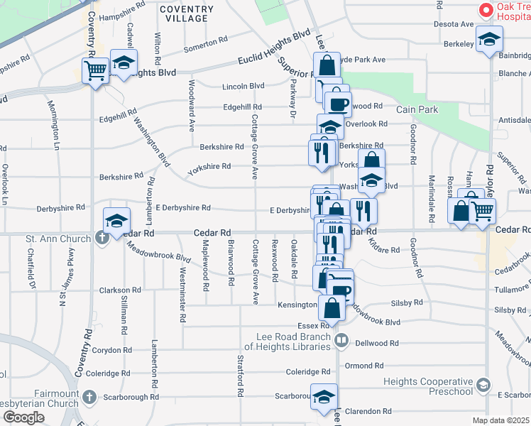 map of restaurants, bars, coffee shops, grocery stores, and more near 2115 Cottage Grove Avenue in Cleveland Heights