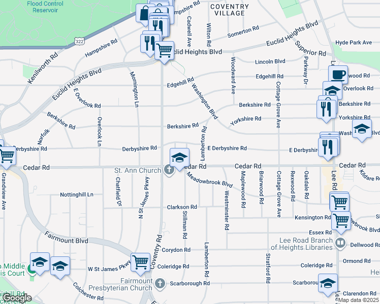 map of restaurants, bars, coffee shops, grocery stores, and more near 2113 Stillman Road in Cleveland Heights