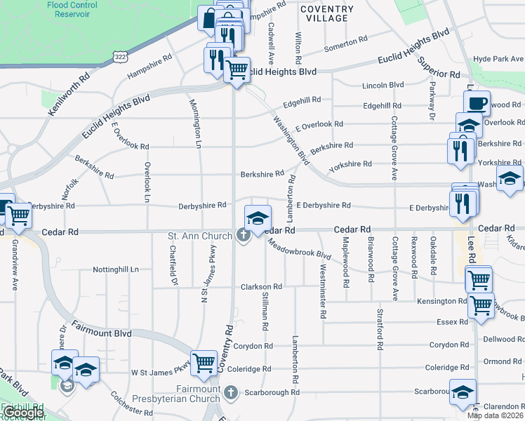 map of restaurants, bars, coffee shops, grocery stores, and more near 2113 Stillman Road in Cleveland Heights