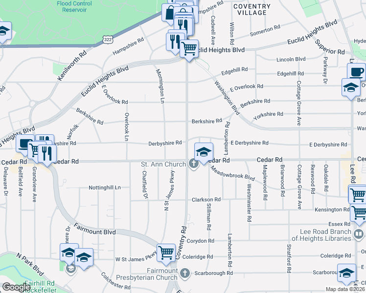 map of restaurants, bars, coffee shops, grocery stores, and more near 2778 Derbyshire Road in Cleveland Heights