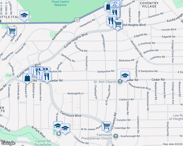 map of restaurants, bars, coffee shops, grocery stores, and more near 2660 Derbyshire Road in Cleveland Heights