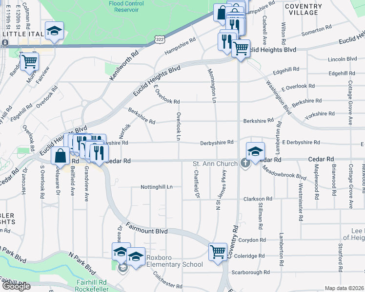 map of restaurants, bars, coffee shops, grocery stores, and more near 2660 Derbyshire Road in Cleveland Heights
