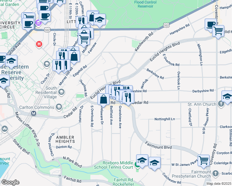 map of restaurants, bars, coffee shops, grocery stores, and more near 2105 Lennox Road in Cleveland Heights