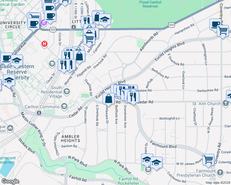 map of restaurants, bars, coffee shops, grocery stores, and more near 2105 Lennox Road in Cleveland Heights