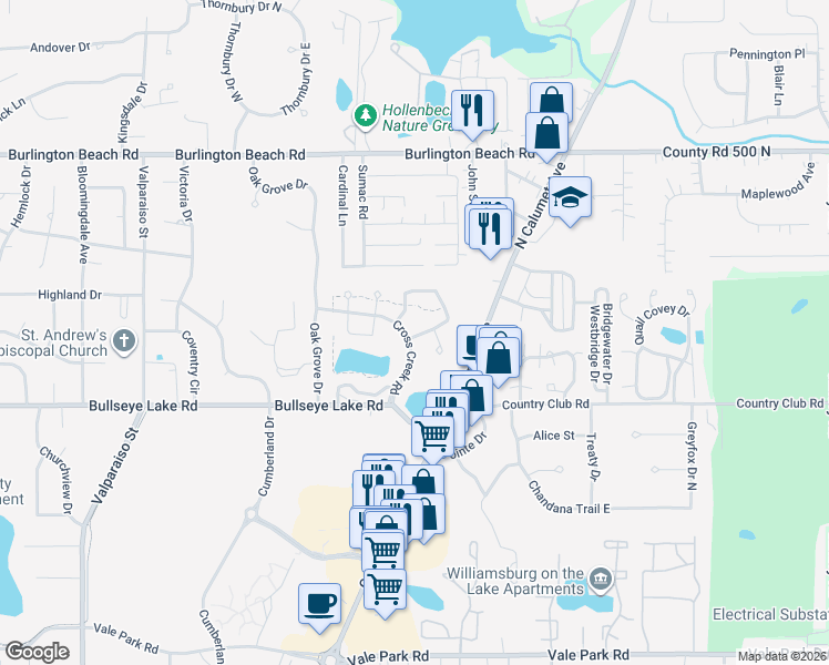 map of restaurants, bars, coffee shops, grocery stores, and more near 3701-3745 Chimney Hill Dr in Valparaiso