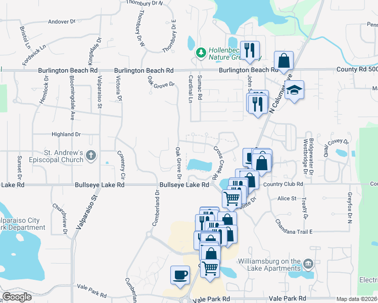 map of restaurants, bars, coffee shops, grocery stores, and more near 3600-3712 Meadow Lake Drive in Valparaiso