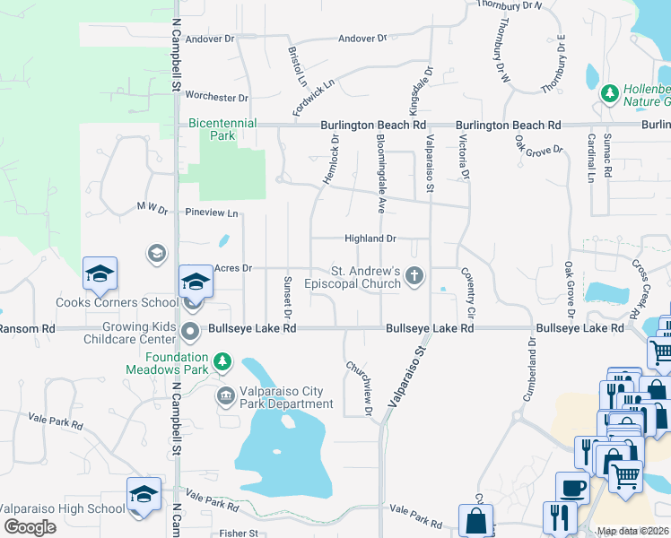 map of restaurants, bars, coffee shops, grocery stores, and more near 201-249 Green Acres Dr in Valparaiso