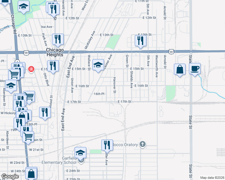 map of restaurants, bars, coffee shops, grocery stores, and more near 1613 Hanover Street in Chicago Heights