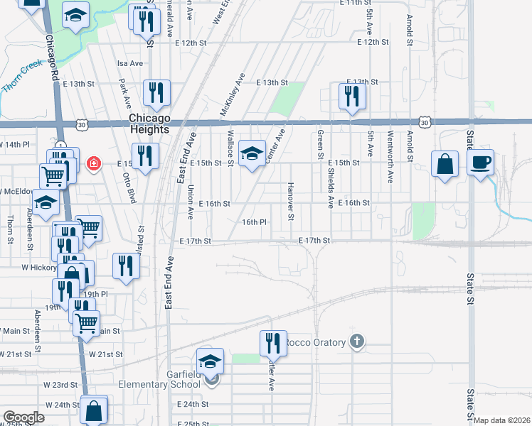 map of restaurants, bars, coffee shops, grocery stores, and more near 1612 Butler Street in Chicago Heights
