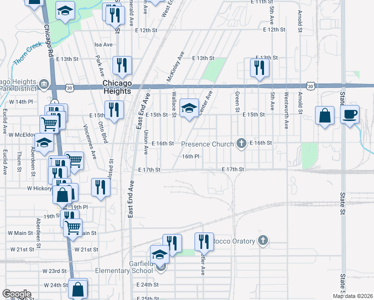 map of restaurants, bars, coffee shops, grocery stores, and more near 1613 Center Avenue in Chicago Heights