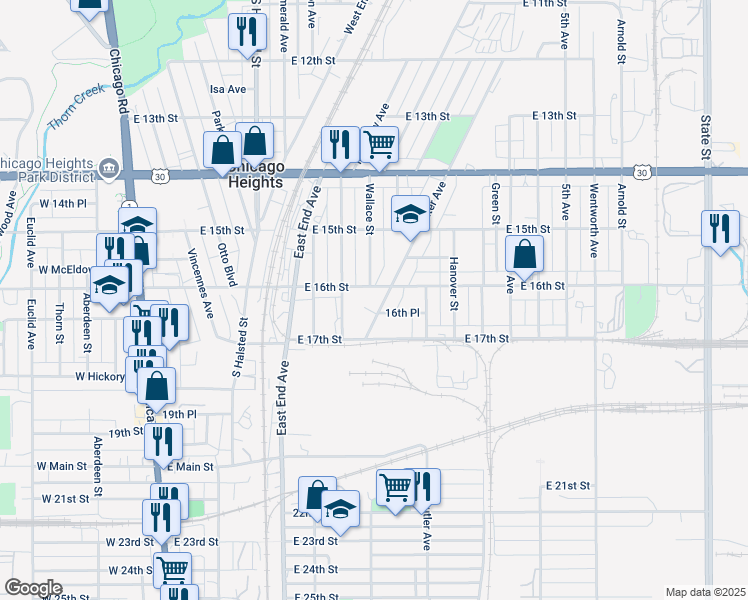 map of restaurants, bars, coffee shops, grocery stores, and more near 1613 Center Avenue in Chicago Heights