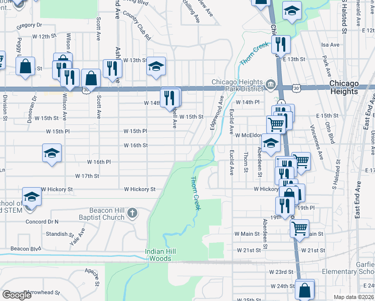 map of restaurants, bars, coffee shops, grocery stores, and more near 194 West 16th Street in Chicago Heights