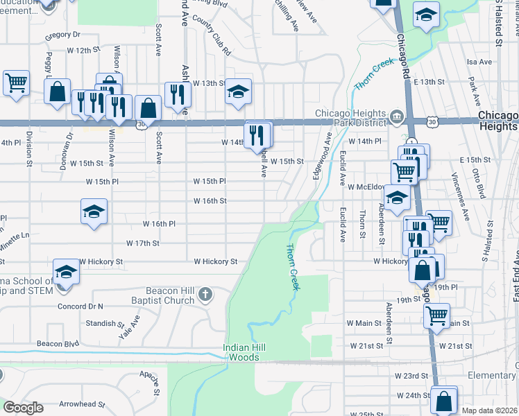 map of restaurants, bars, coffee shops, grocery stores, and more near 230 West 16th Street in Chicago Heights