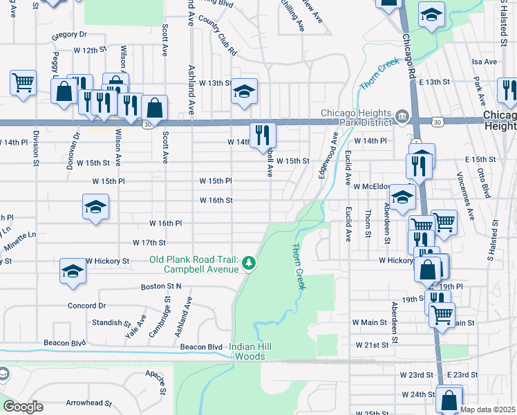 map of restaurants, bars, coffee shops, grocery stores, and more near 230 West 16th Street in Chicago Heights