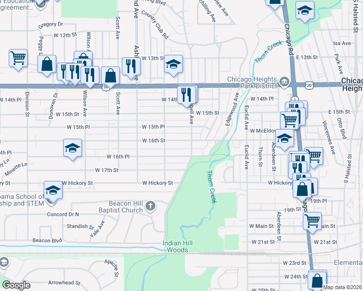 map of restaurants, bars, coffee shops, grocery stores, and more near 230 West 16th Street in Chicago Heights